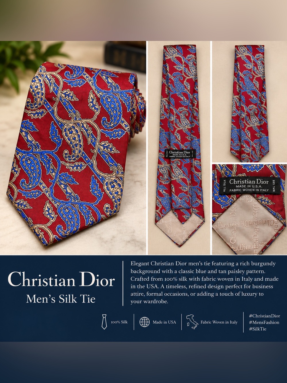 Dior Red Silk Tie with Blue and Gold Paisley